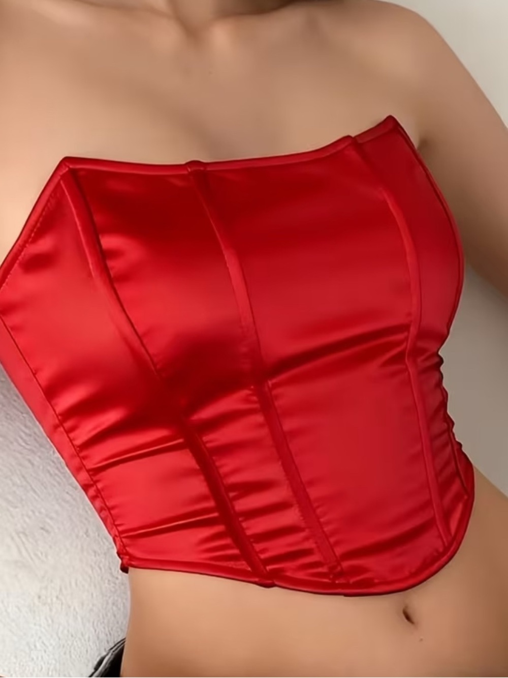 Satin Strapless Corset Crop Top - Red